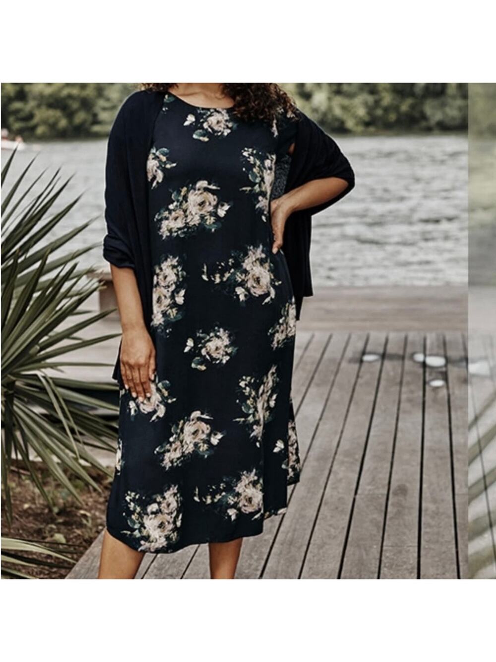 J Jill Floral Button Back Short Sleeve A-Line Midi Dress Medium Black Cream